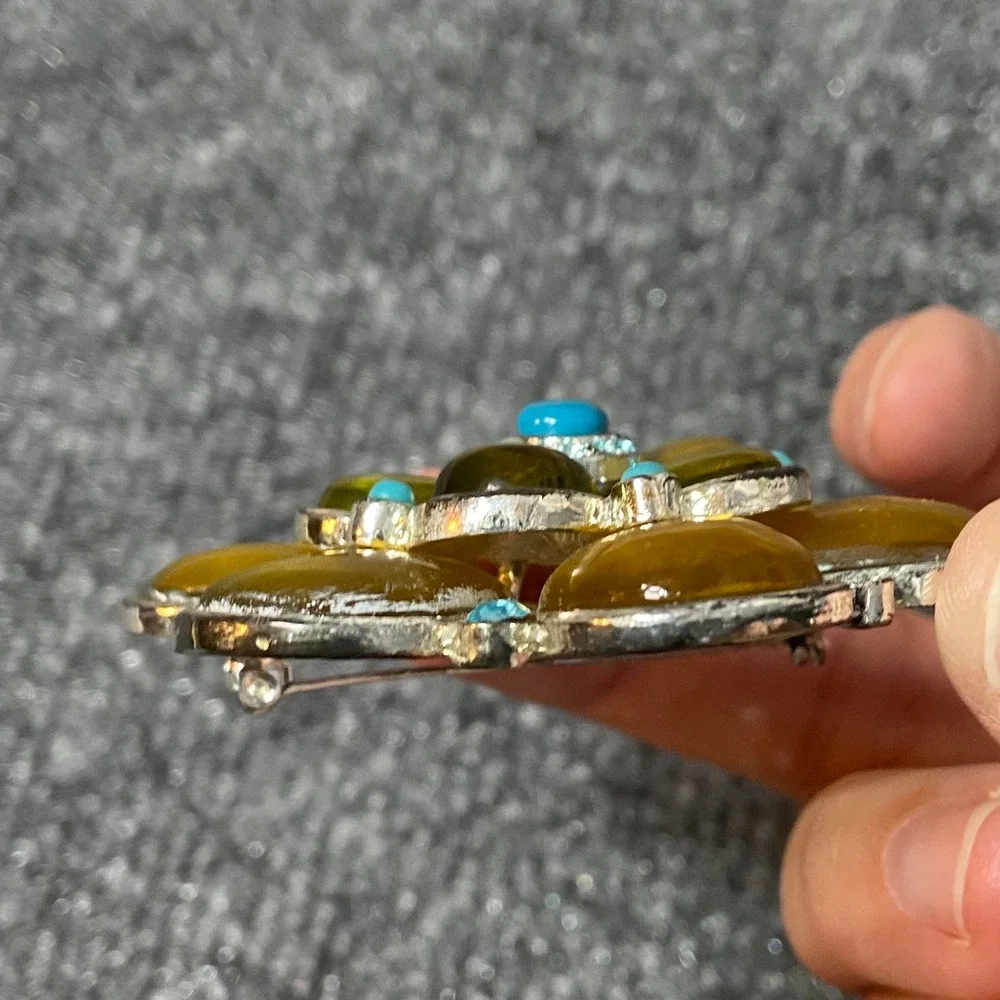 Vintage Flower Brooch Yellow‎ & Turquoise Rhinestone Floral Pin Costume Jewelry
